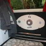 Skimboard table in its storage position
