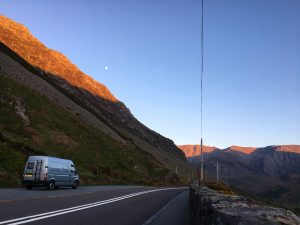 The sun sets, and moon rises over the Ogwen valley